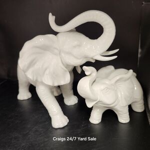 Vintage White Elephants Mother & Baby Porcelain Trunks Up Good Luck